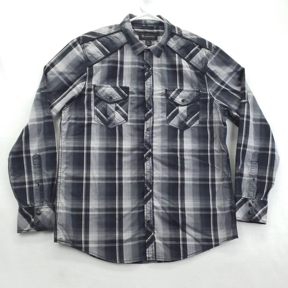 INC International Concepts Shirt Mens Large Black Gray Plaid Pearl Snap Western